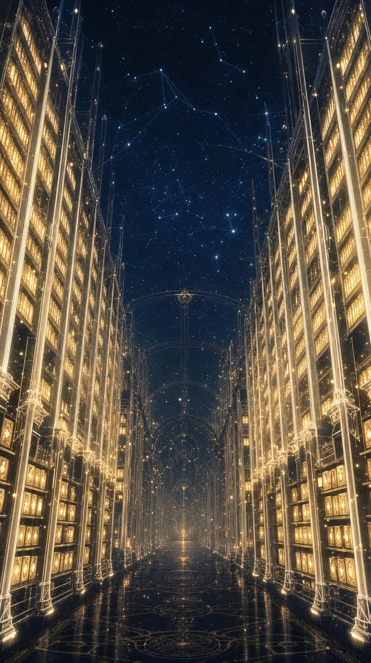 A vast cosmic library of glowing shelves under a constellation sky