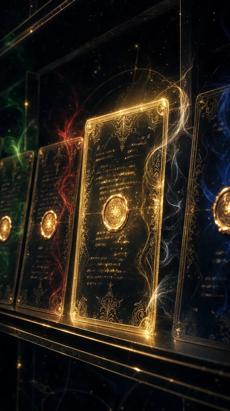 Sealed golden blueprint cards standing in a glowing shelf