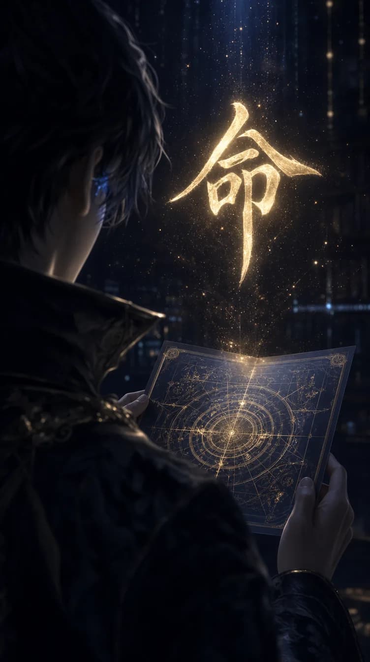 Over his shoulder: an open blueprint, a glowing character floating above it