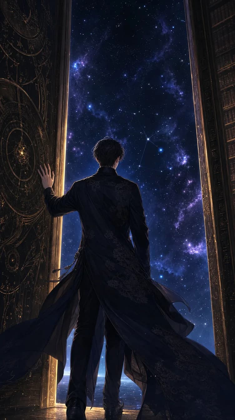 Haru revealed at the gate of the Archive, dawn light on his face