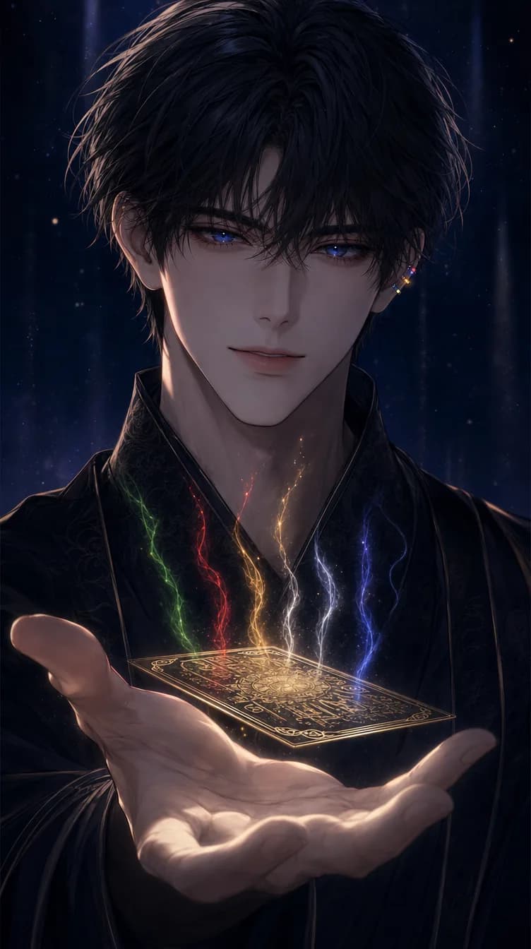 Haru extends his hand; a glowing blueprint floats above his palm