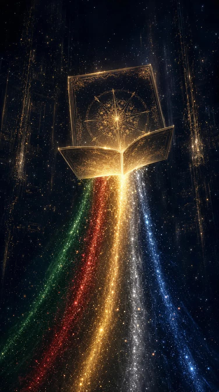 The blueprint opens, five colored streams of light pouring down